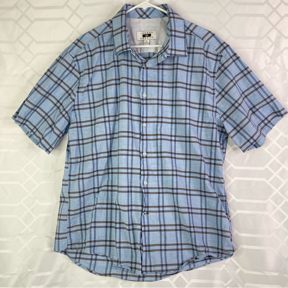 Joseph Abboud Mens XL Light Blue Plaid Short Sleeve Button Up Shirt 100% Cotton